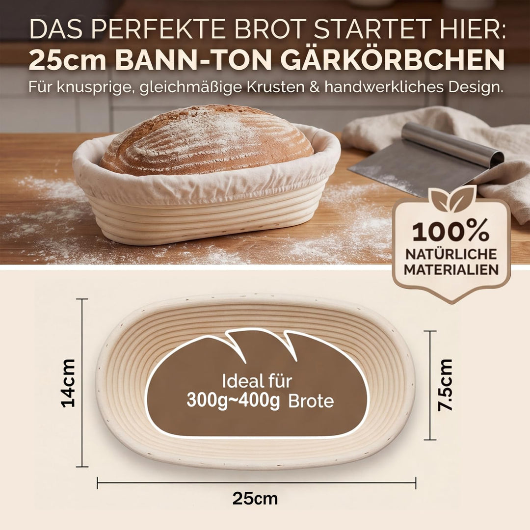 DARDVORLAG Gärkörbchen Oval 25cm mit Leinenbezug – Banneton aus 100% Rattan,Gärkorb für Sauerteigbro