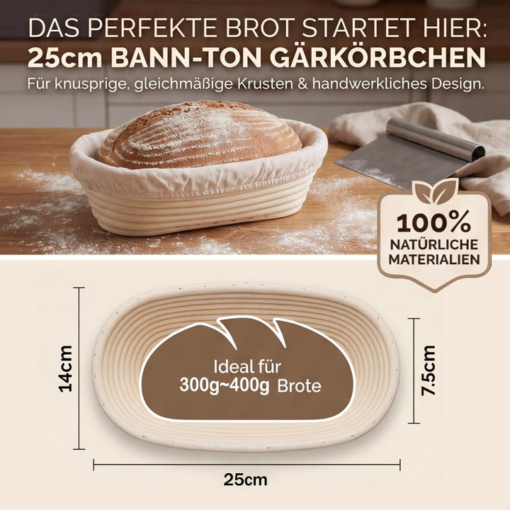 DARDVORLAG Gärkörbchen Oval 25cm mit Leinenbezug – Banneton aus 100% Rattan,Gärkorb für Sauerteigbro