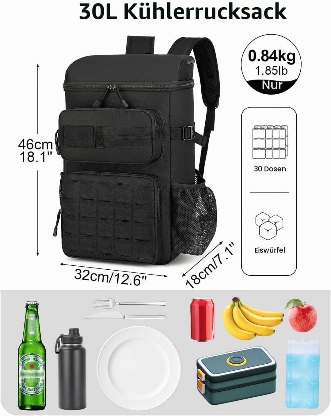 Taktischer Kühlrucksack, 30L Isoliert und Auslaufsicher Rucksack Kühler für 30 Dosen, Tragbare Weich