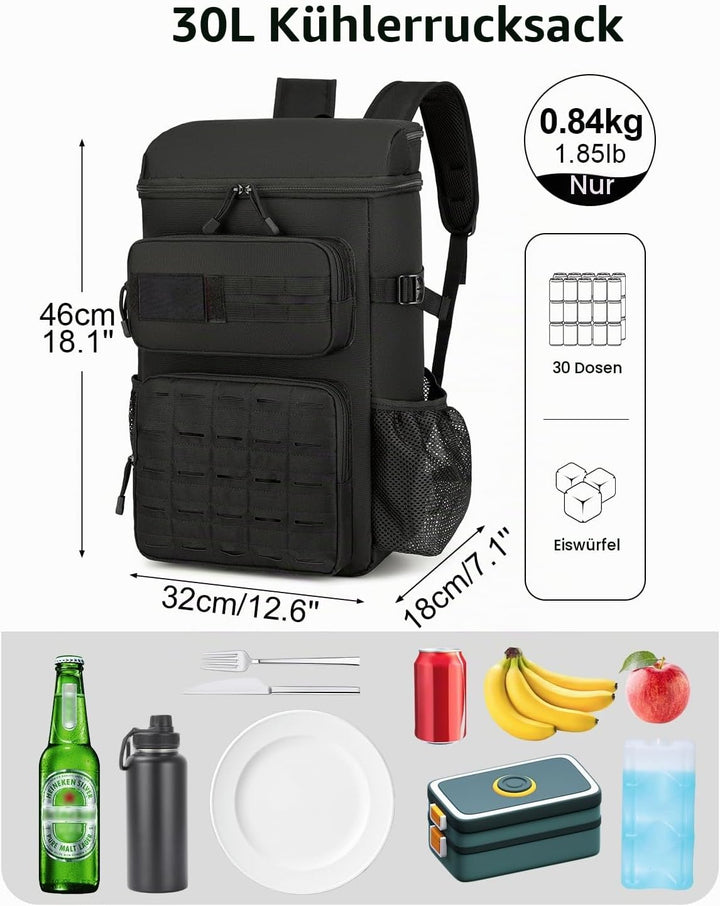 Taktischer Kühlrucksack, 30L Isoliert und Auslaufsicher Rucksack Kühler für 30 Dosen, Tragbare Weich