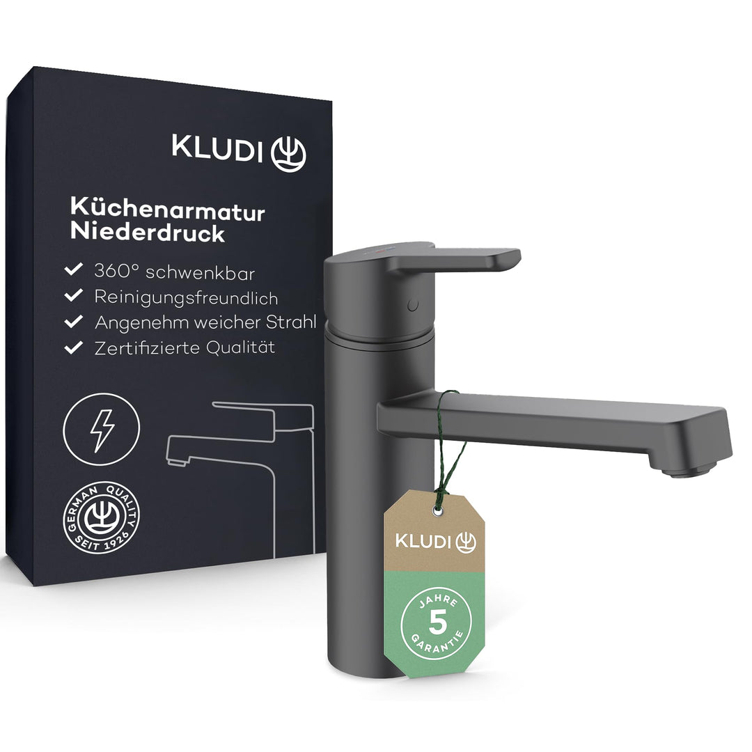 KLUDI-M3 Niederdruck Armatur Küche 360° schwenkbar, Wasserhahn Küche Schwarz mit 1 Strahlart, Mischb