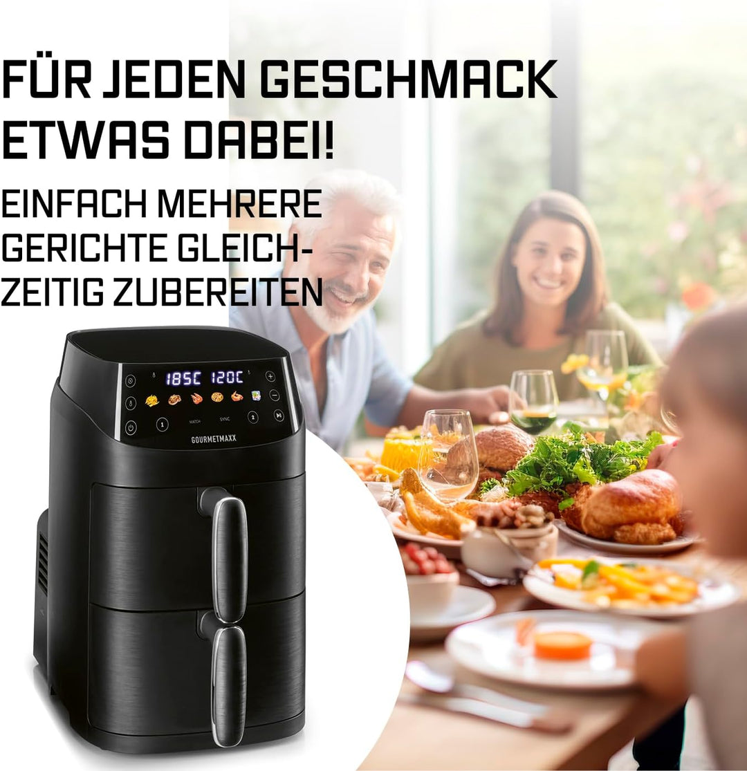 GOURMETmaxx FryUp Vertikale Doppelkammer Heissluftfritteuse XS | Airfryer mit MultiColour-LED-Touchd