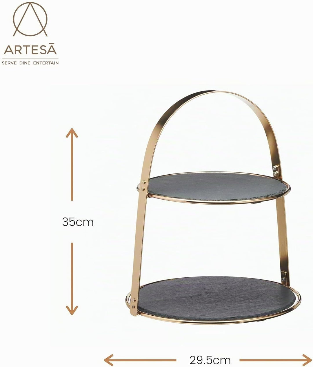 Artesà Tortenständer, 2-stöckig, mit runden Schieferplatten und Messingoberfläche, 29,5 x 29,5 x 35