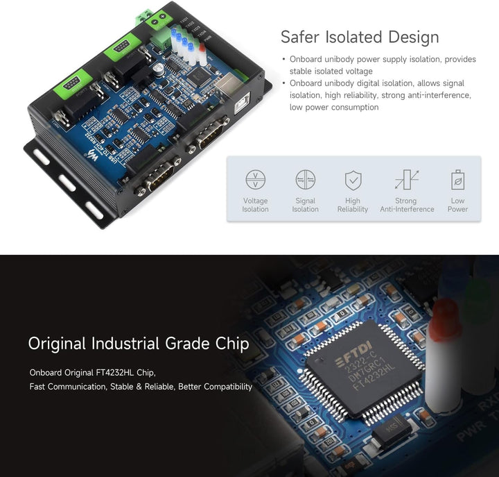 Waveshare Industrial Isolated USB to 4CH RS232 Converter (DB9 Male Interface), Adopts Original FT423