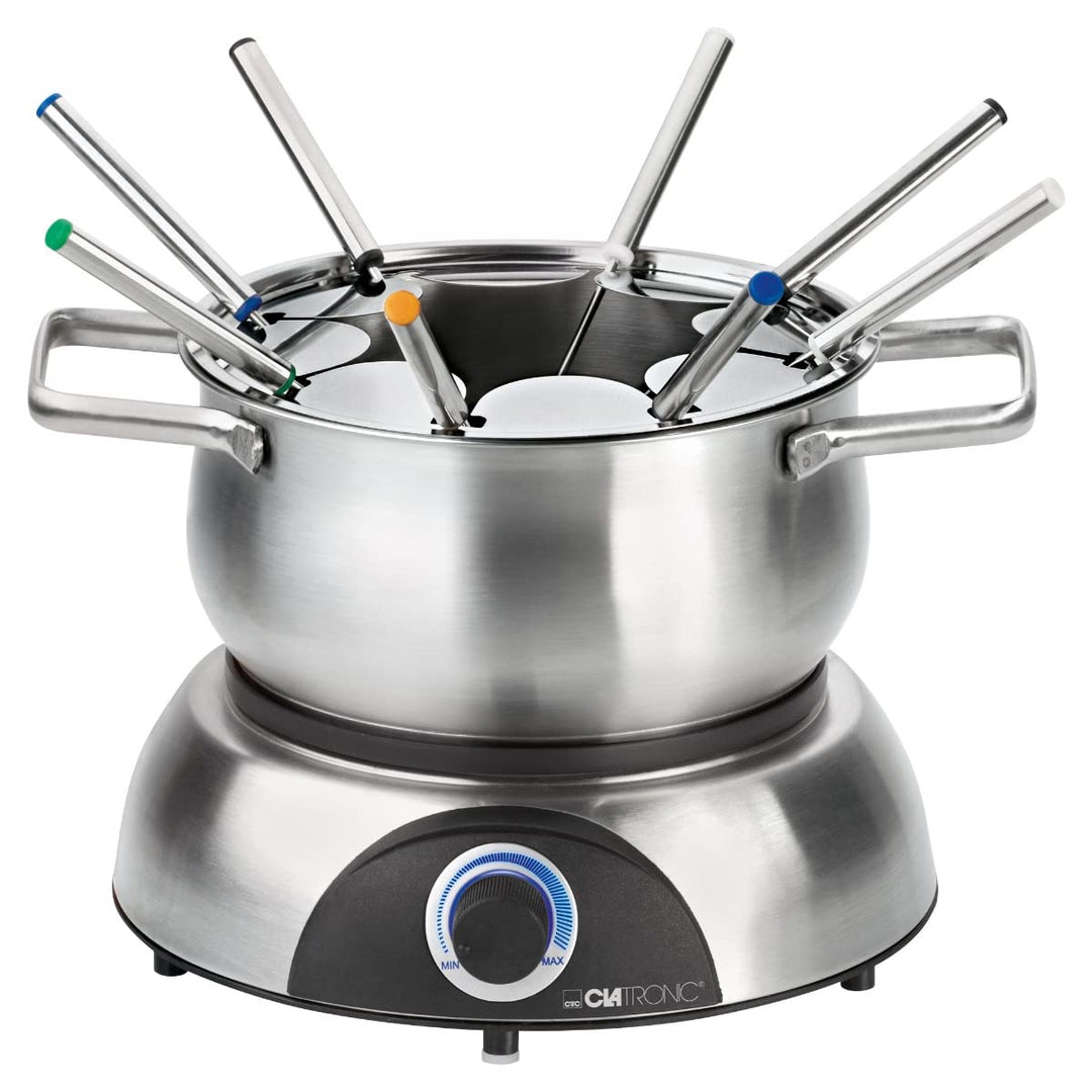 Clatronic FD 3783 elektrischer Fonduetopf, Topf mit abnehmbaren Spritzschutz, Fondue-Set für 8 Perso