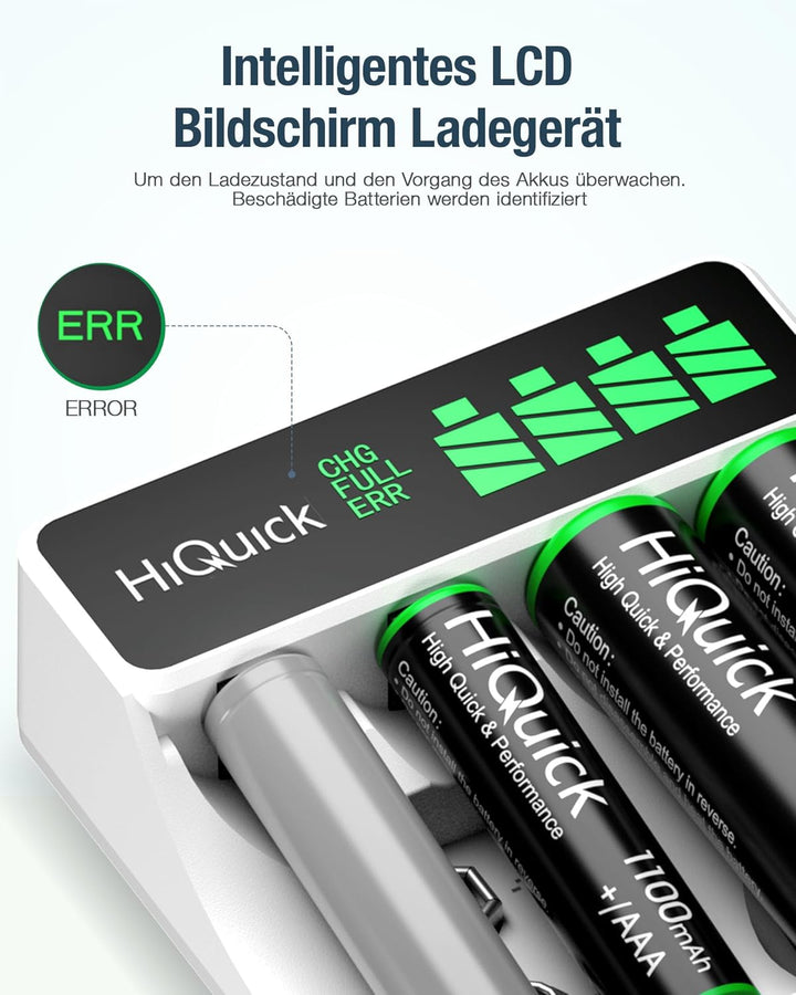HiQuick Universal Akkuladegerät mit 4 AA Akkus + 4 AAA Akkus, Ladegerät für NI-MH/NI-CD Mignon AA Mi