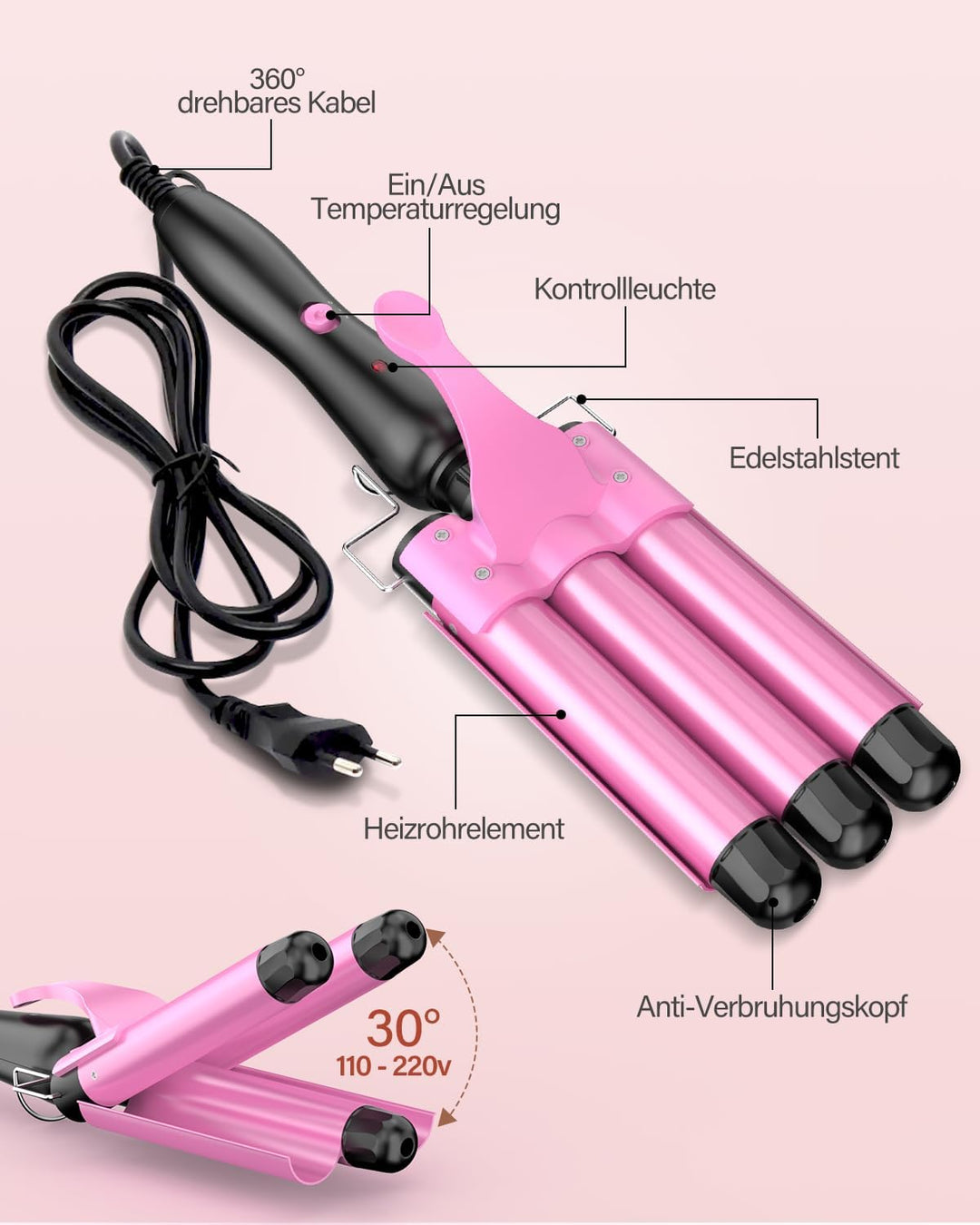 Lockenstab 3 Fässer Beach Waves Welleneisen für Haare, 25mm Kleine Locken Keramik Lockeneisen-Temper