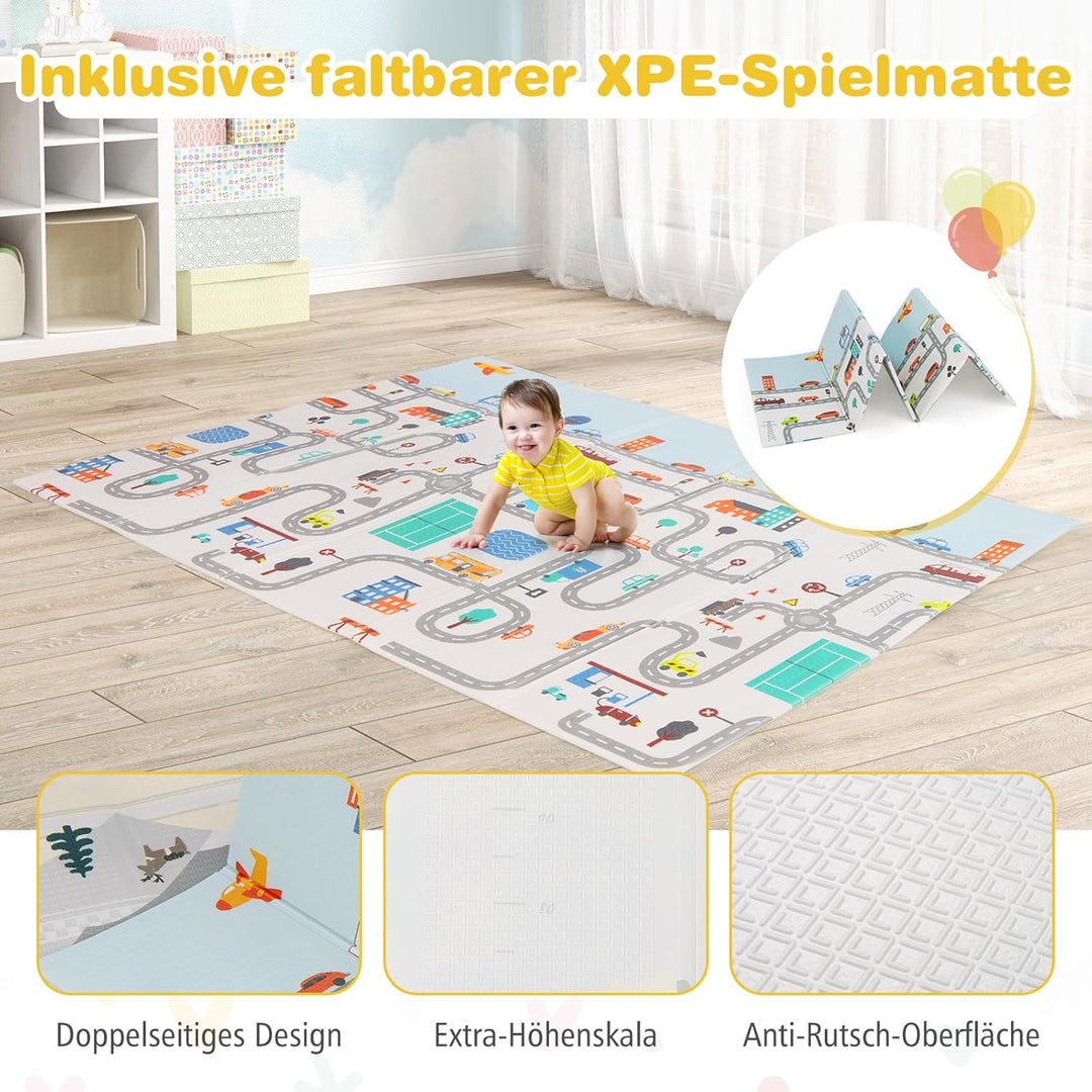 GOPLUS 189x158 cm Laufstall Baby, Laufgitter mit atmungsaktiver Netz, 4 Reissverschlusstür, Tragetas