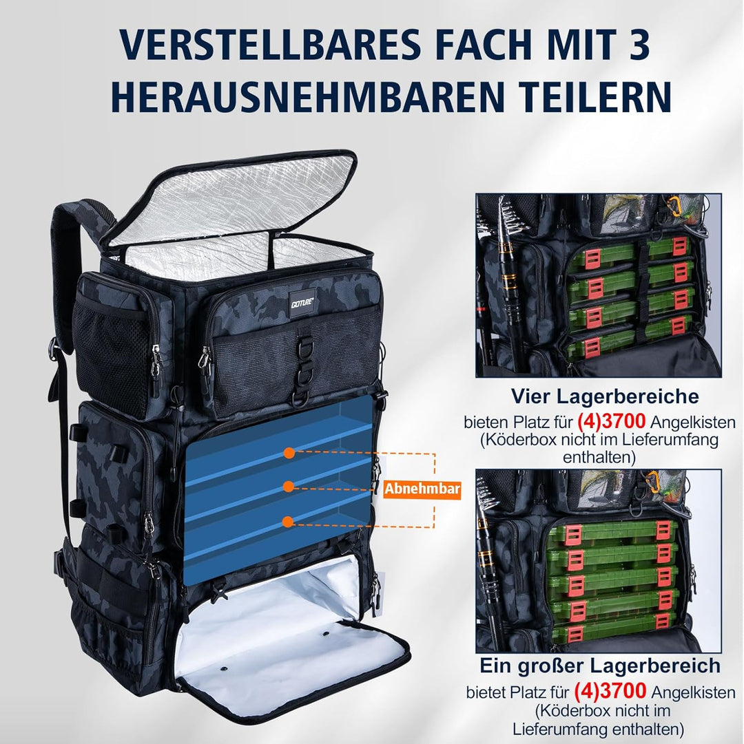Goture 72L Angelrucksack mit Kühltasche (16L) &amp; Trocken-/Nass-Fach - Verstellbare Fächer Wasserabwei