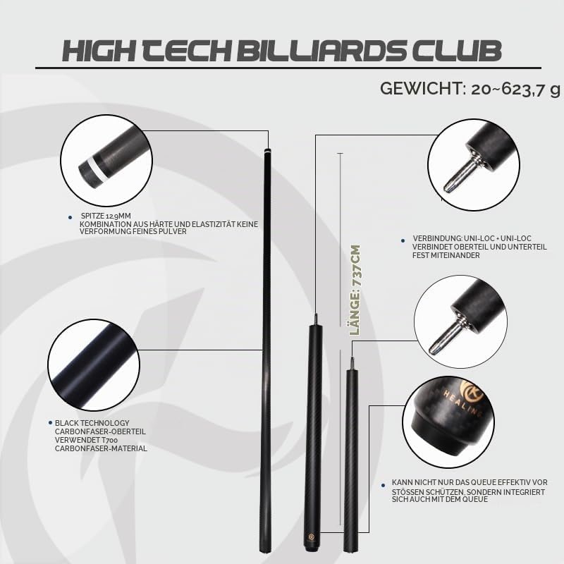 OKHEALING Carbon Fibre Billardqueue, 147cm, 12.4mm Kopf, für Amateur und Profi Billardspieler (mit H