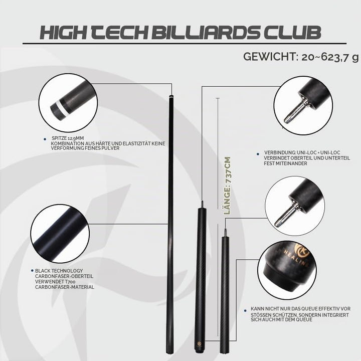 OKHEALING Carbon Fibre Billardqueue, 147cm, 12.4mm Kopf, für Amateur und Profi Billardspieler (mit H