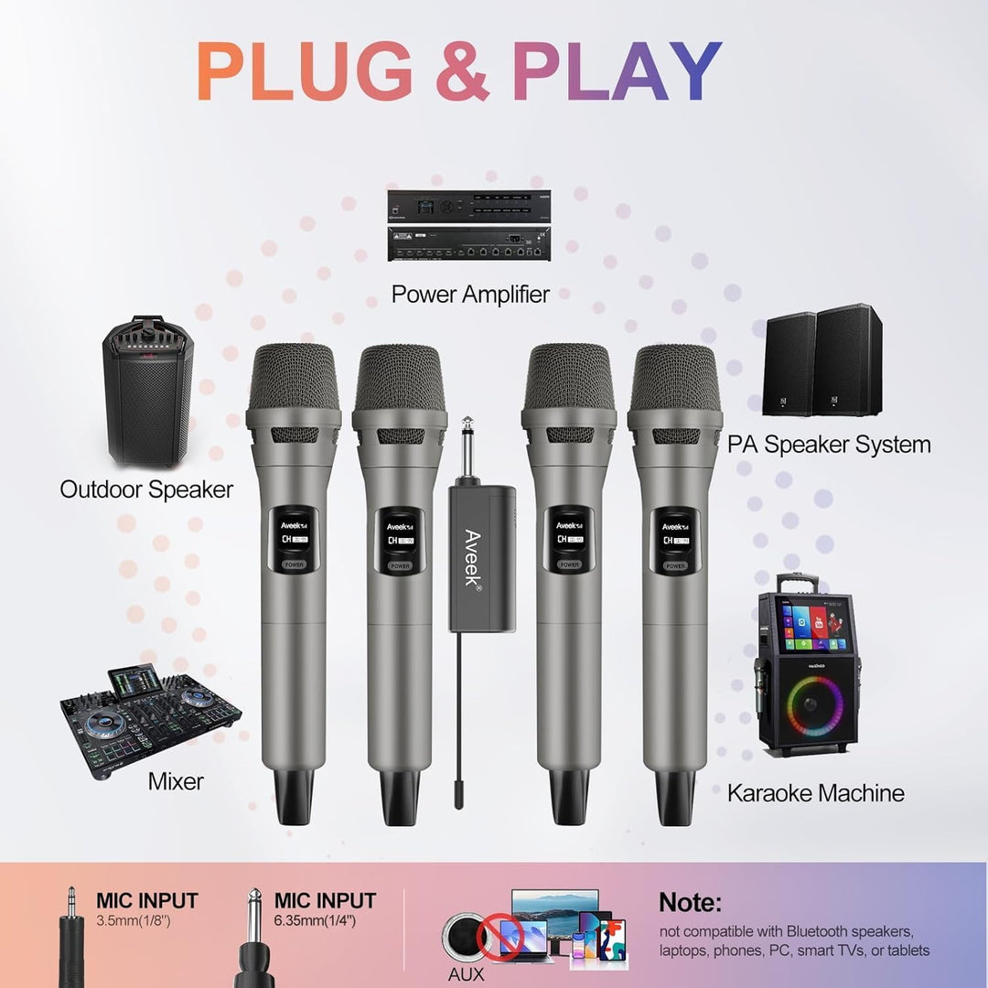 Aveek Funkmikrofon 4er Set, Professionelle Kabelloses Karaoke Mikrofon Set, Wiederaufladbar mit USB-