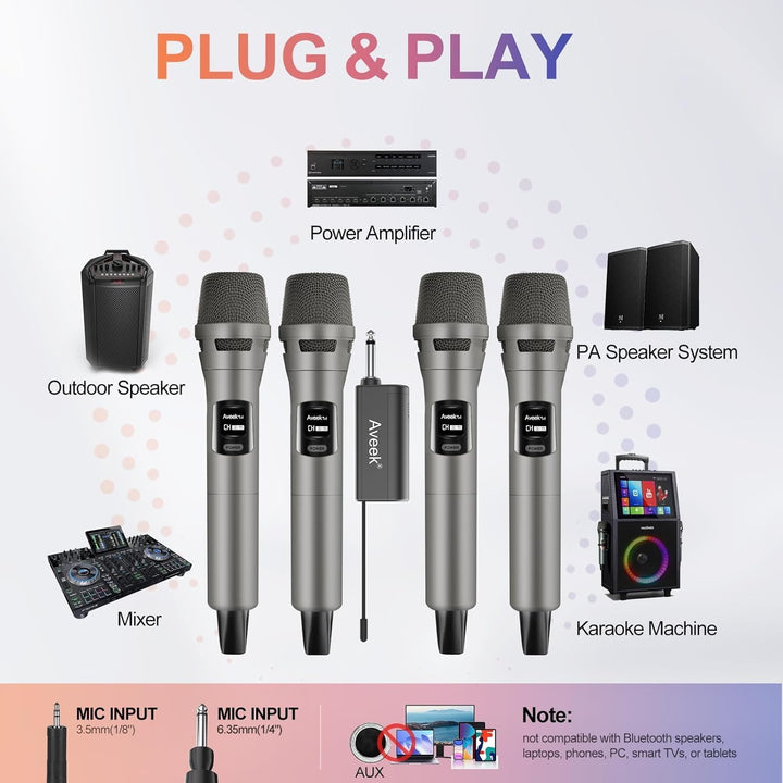 Aveek Funkmikrofon 4er Set, Professionelle Kabelloses Karaoke Mikrofon Set, Wiederaufladbar mit USB-
