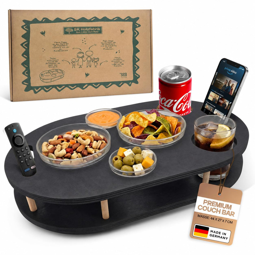 Couchbar Snackbox in schwarz mit 4 Glasschalen - Sofabar für Snacks und Getränke - Couchtabletts mit