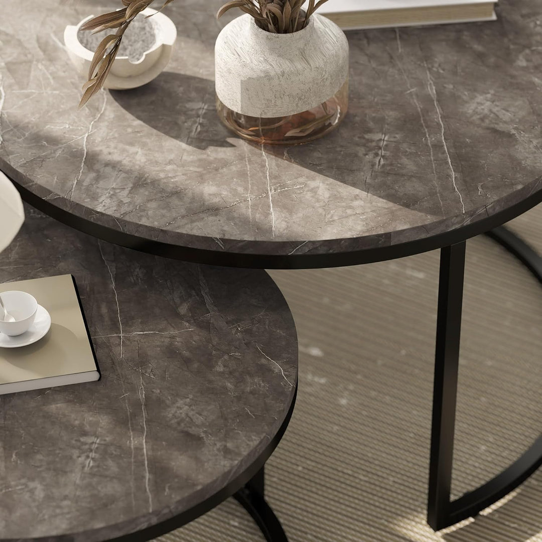 HOMCOM Couchtisch rund 2er Set Wohnzimmertisch Beistelltisch mit Metallrahmen, Satztisch mit Marmoro