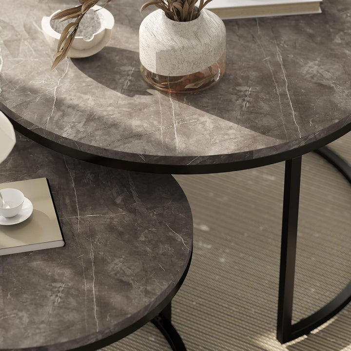 HOMCOM Couchtisch rund 2er Set Wohnzimmertisch Beistelltisch mit Metallrahmen, Satztisch mit Marmoro