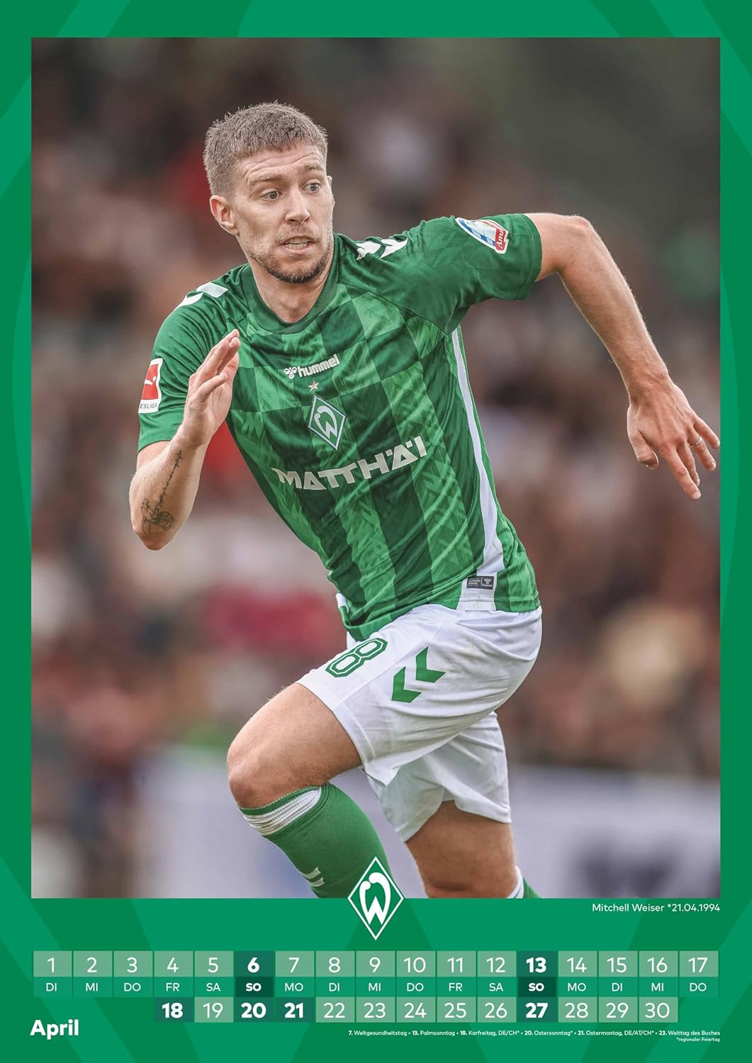 N NEUMANNVERLAGE - Werder Bremen 2025 Wandkalender, 29,7x42cm, Fussball-Kalender mit Motiven der Sta