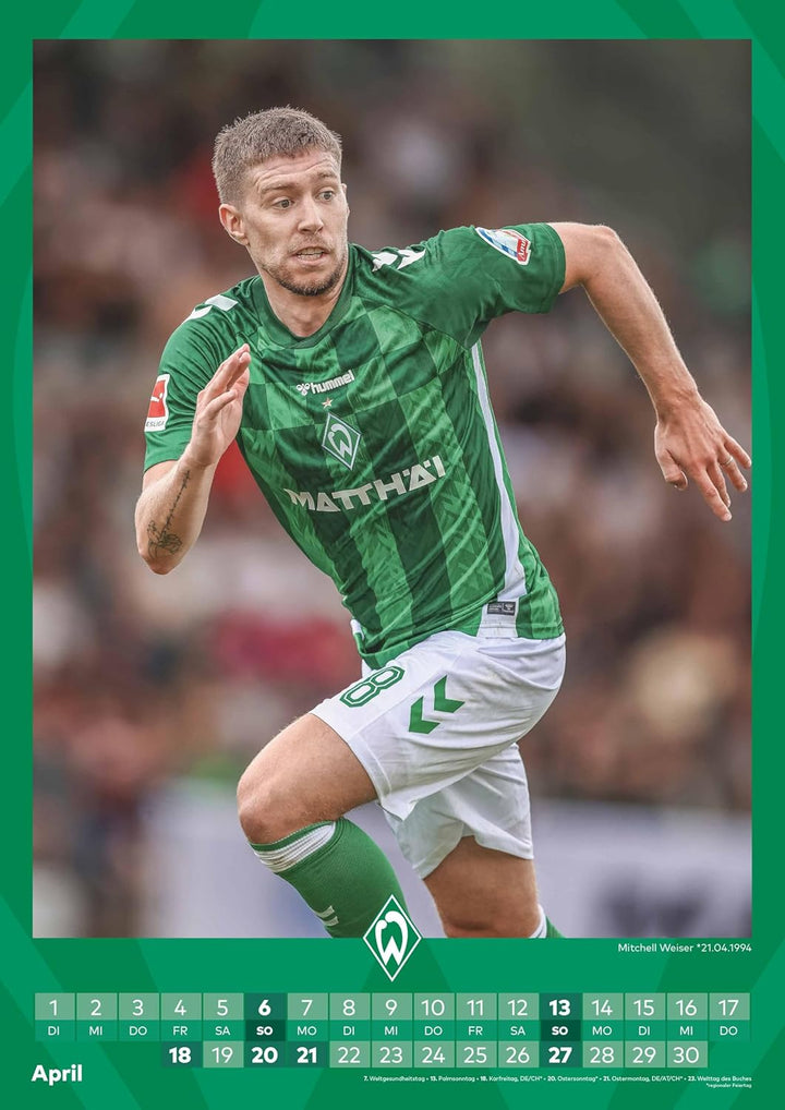 N NEUMANNVERLAGE - Werder Bremen 2025 Wandkalender, 29,7x42cm, Fussball-Kalender mit Motiven der Sta