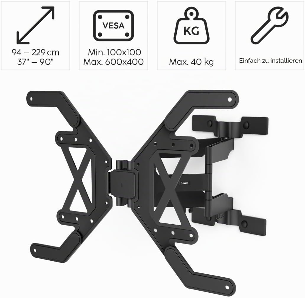 Hama TV Wandhalterung schwenkbar, neigbar, Slim (TV Wandhalterung 37-90 Zoll, VESA 100x100 bis VESA