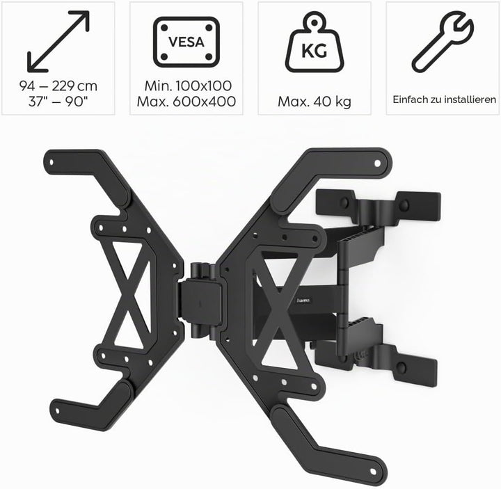 Hama TV Wandhalterung schwenkbar, neigbar, Slim (TV Wandhalterung 37-90 Zoll, VESA 100x100 bis VESA