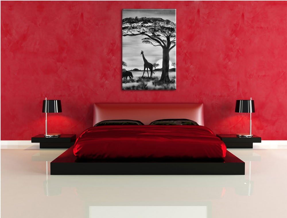 Pixxprint Monocrome, Savanne mit Wildtieren gemalt, Format: 100x70 auf Leinwand, 100x70