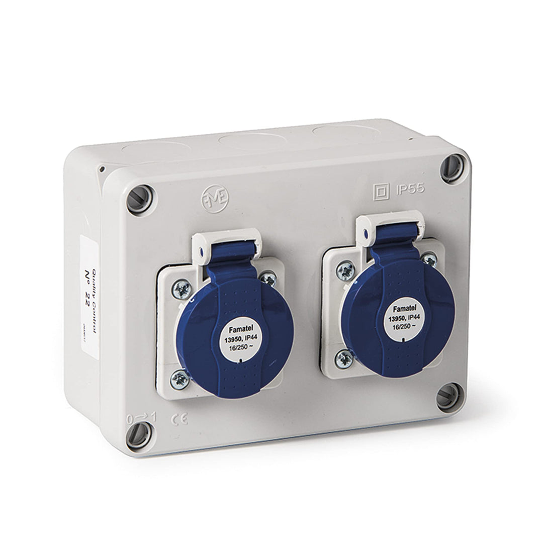 FAMATEL - Wasserdichte Abzweigdose IP44 | 2 Steckdosen | 2P+TTL | 16A | 250V | Blau und Rot