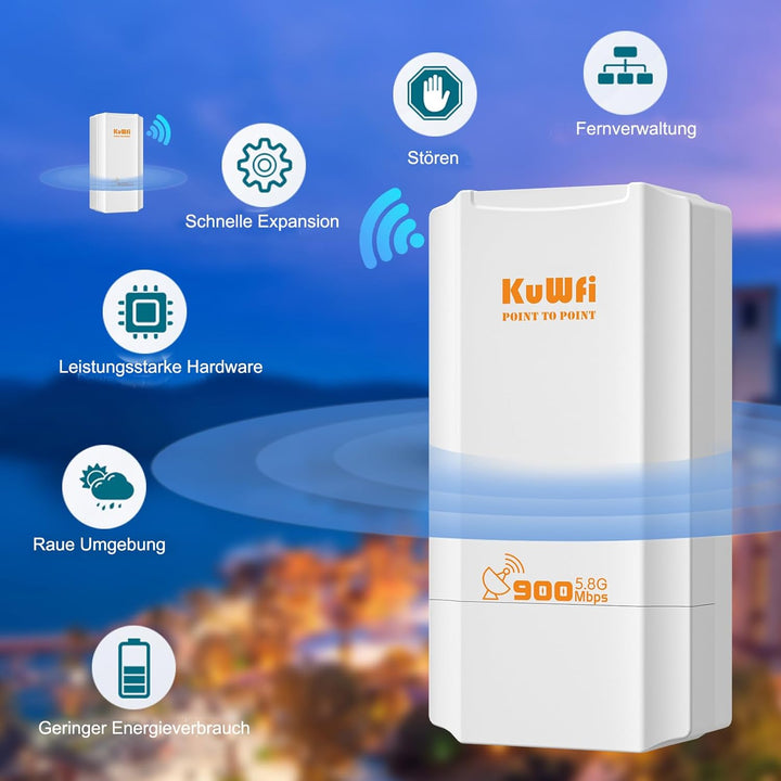 KuWFi Point to Point WLAN Bridge Outdoor, 5GHz, 867Mbps, PtP&PtMP, 2km Reichweite, PoE-betrieben, IP