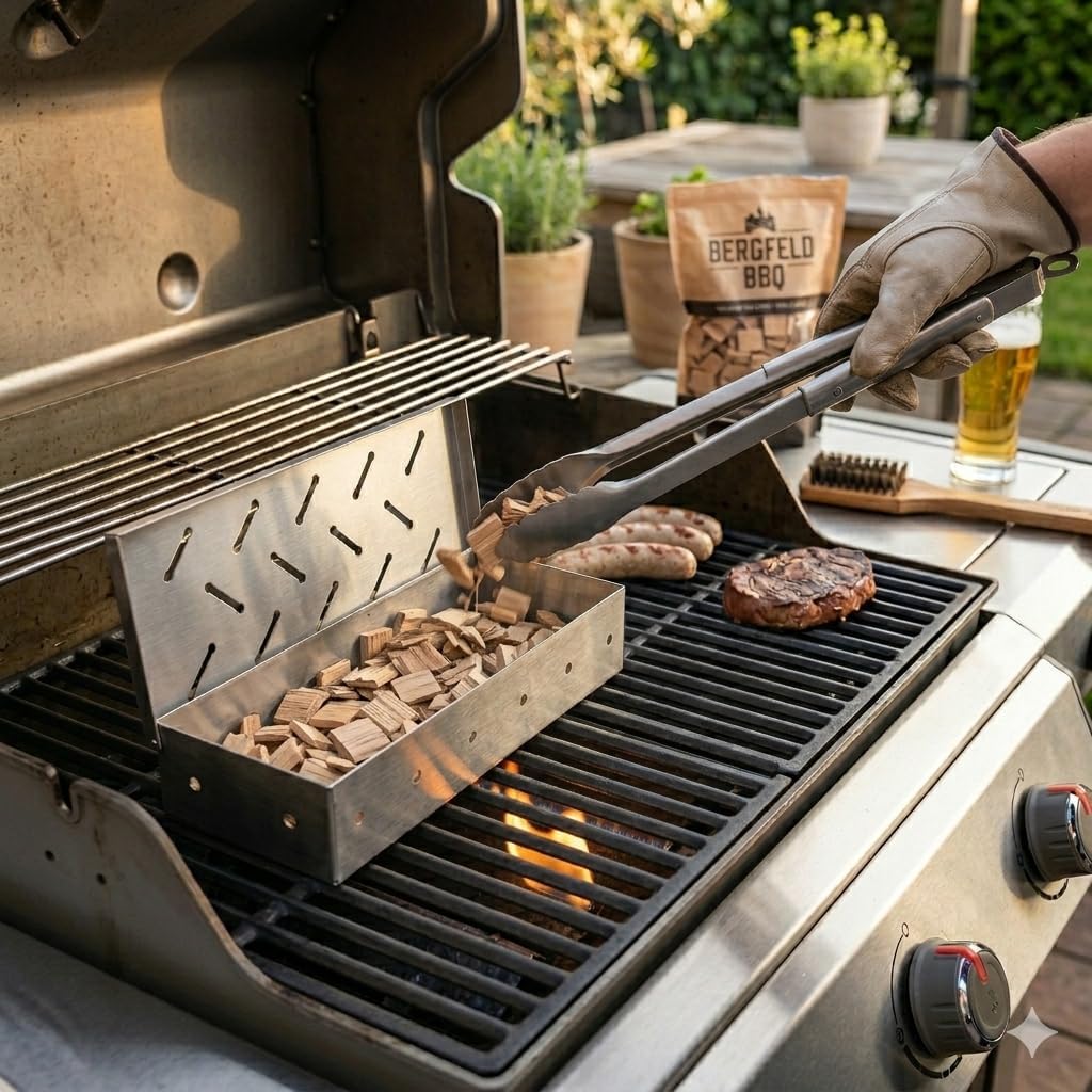 Bergfeld BBQ – Räucherbox-Set inkl. 5 Sorten Räucherchips (Apfel, Kirsch, Hickory, Buche, Eiche; je