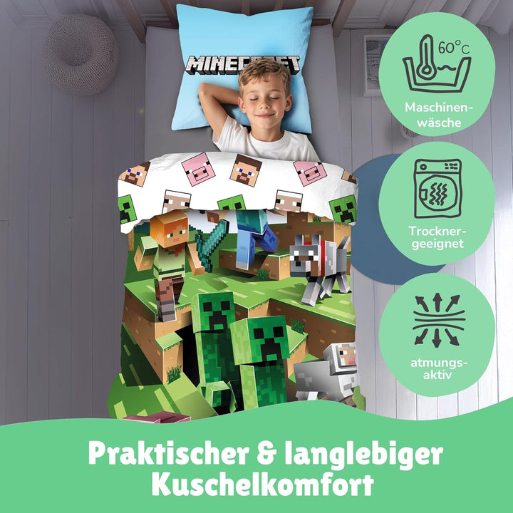 Character World Wende Bettwäsche-Set Minecraft, 135x200cm + 80x80cm, 100% Baumwolle, grün Motiv Craf