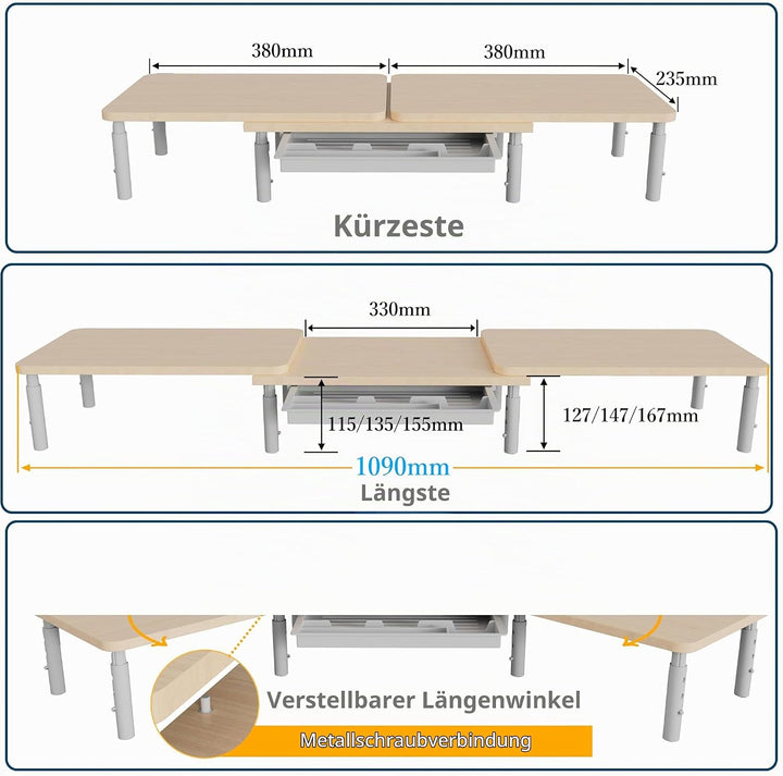ETHU Dual-Monitor-Ständer, Doppelmonitor-Riser für Länge und Winkel Verstellbarer Desktop-Monitor-Re