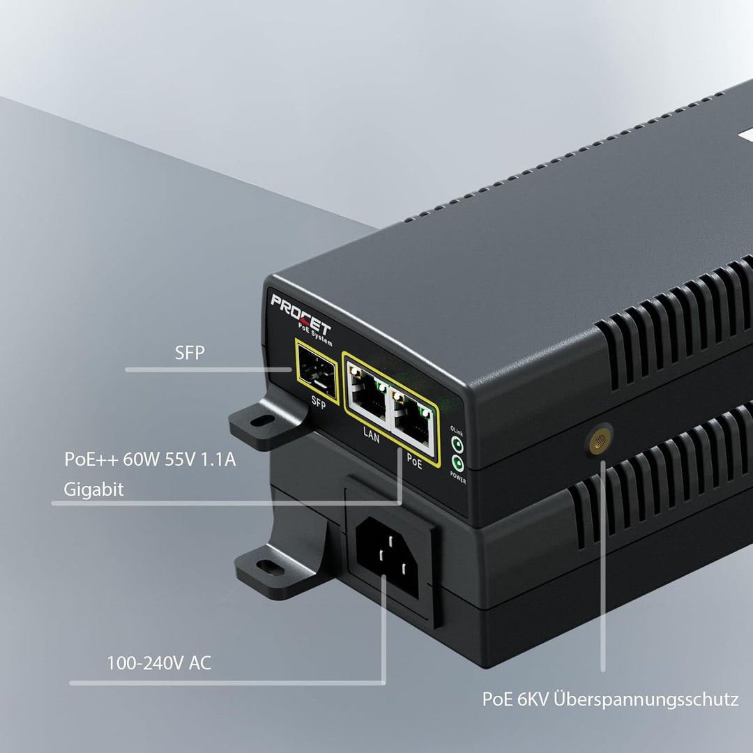 PROCET PoE-Injektor SFP Gigabit PoE++ 60 W, -40 °C bis 55 °C, für PTZ-KI-Kameras, Cisco-/UniFi-WLAN-