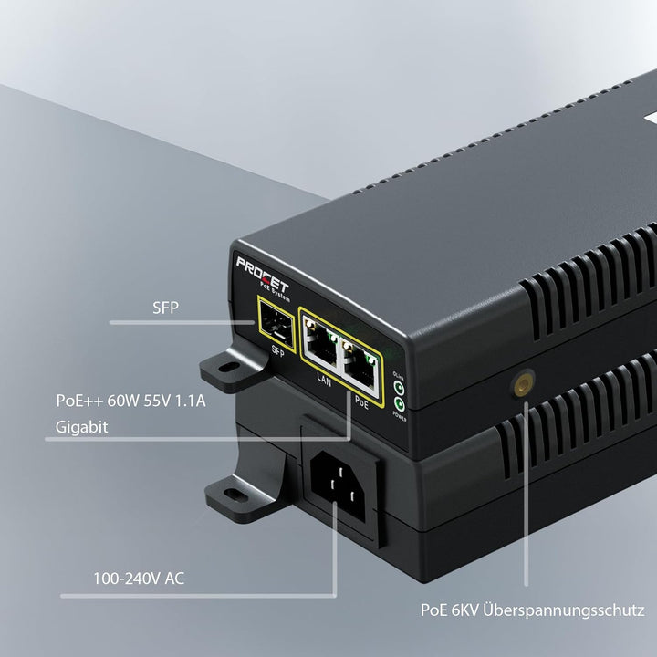 PROCET PoE-Injektor SFP Gigabit PoE++ 60 W, -40 °C bis 55 °C, für PTZ-KI-Kameras, Cisco-/UniFi-WLAN-
