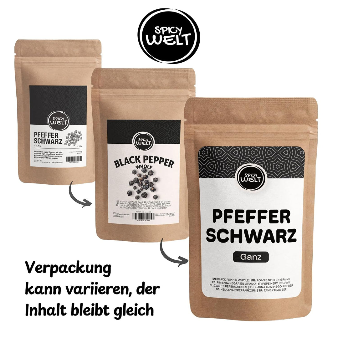 Spicy Welt Schwarzer Pfeffer Ganz (500g) – Pfefferkörner | Ungemahlener Schwarzer Pfeffer | für Pfef