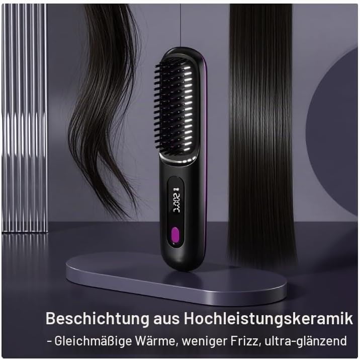 Stylingbürste für kurze Haare Elektrisch, 3-in-1 Kabelloser Haarglätter mit LED Display &amp; Keramiksch