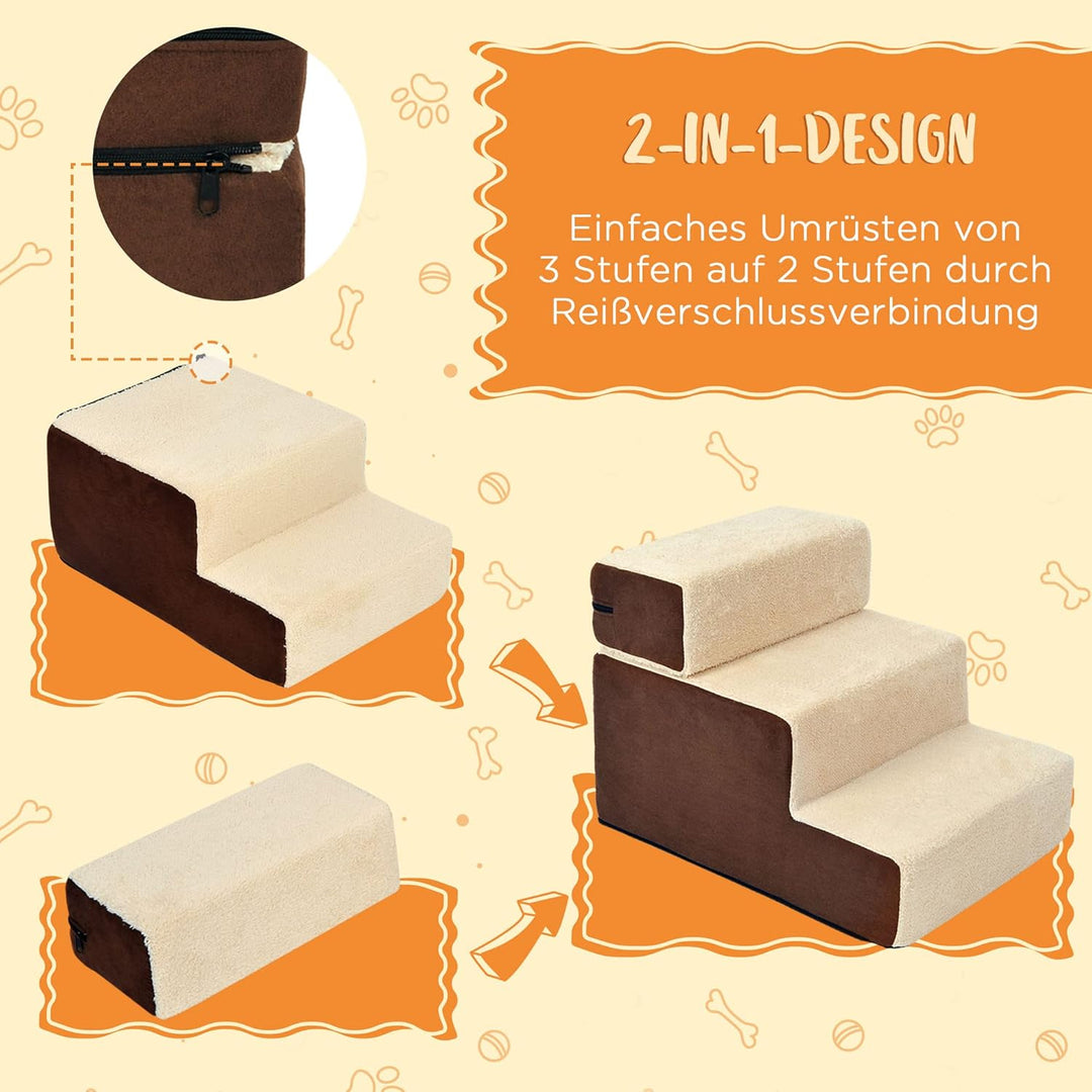 PawHut Hundetreppe Katzentreppe Haustiertreppe 3 Stufen Haustier Plüsch Beige 54 x 40 x 39cm beige L