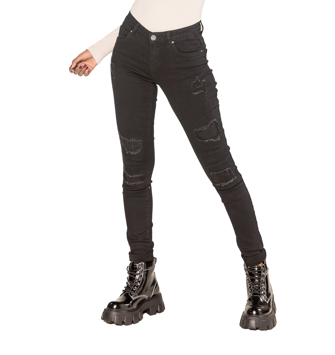 Nina Carter P100 Damen Skinny Fit Low Waist Jeanshosen mit Destroyed-Effekten Used-Look Jeans Waschu