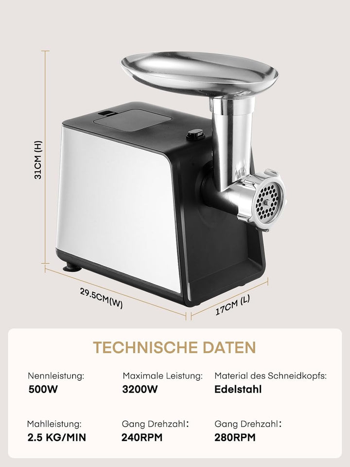 FOHERE Elektrischer Fleischwolf, 3200W Max Hochleistungs-Edelstahl, 2 Messer, 3 Mahlscheiben, 3 Wurs