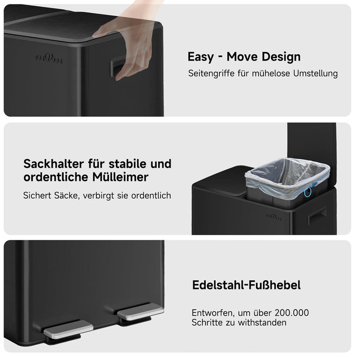 mVm Mülleimer Küche,40 Liter Treteimer,2 x 20 Liter Treteimer, 2 Fächer, Mülltrennsystem, Abfalleime