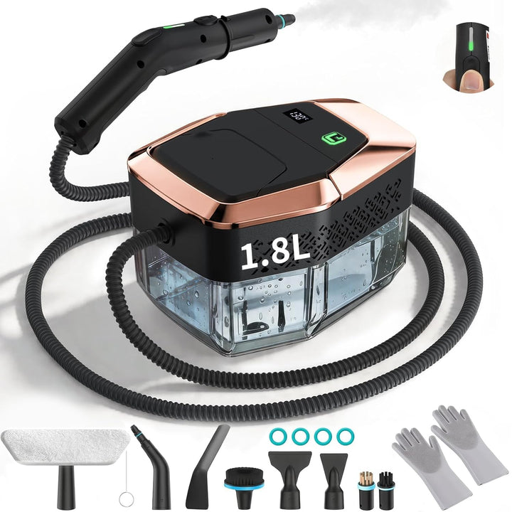 Dampfreiniger Handgerät, 2500W Handdampfreiniger mit Stufengriff, 8 Düsen, 1,8L Tank, 3 Dampfstufen,