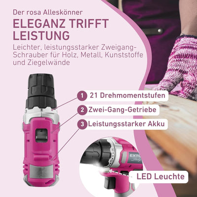 Extol Lady Akkubohrschrauber, Pink, 12V Li-Ion, 1300mAh, mit Transporttasche inkl. Zubehör von 6 Bit