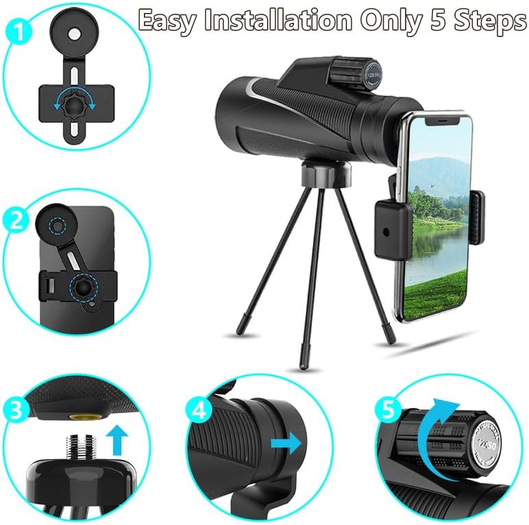 DDKJ Monokular Fernglas HD 12x50, Mini Fernrohr Monokulares Scope mit Nachtsicht, Handyhalter&Stativ
