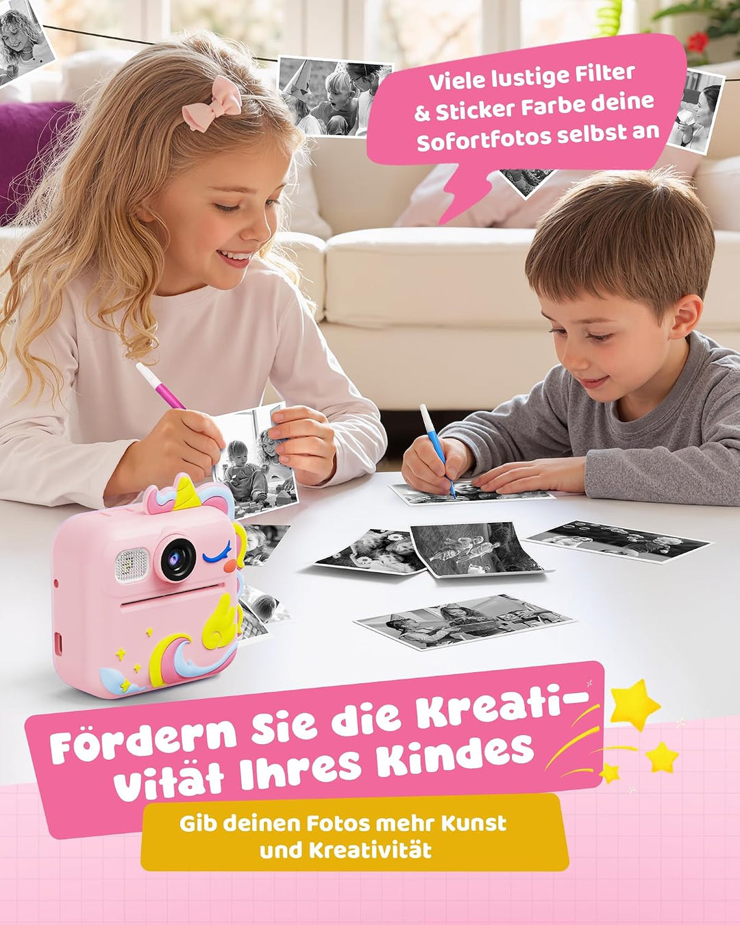 KOKODI Kinderkamera Sofortbildkamera 3-12 Jungen Mädchen(Rosa), Rosa