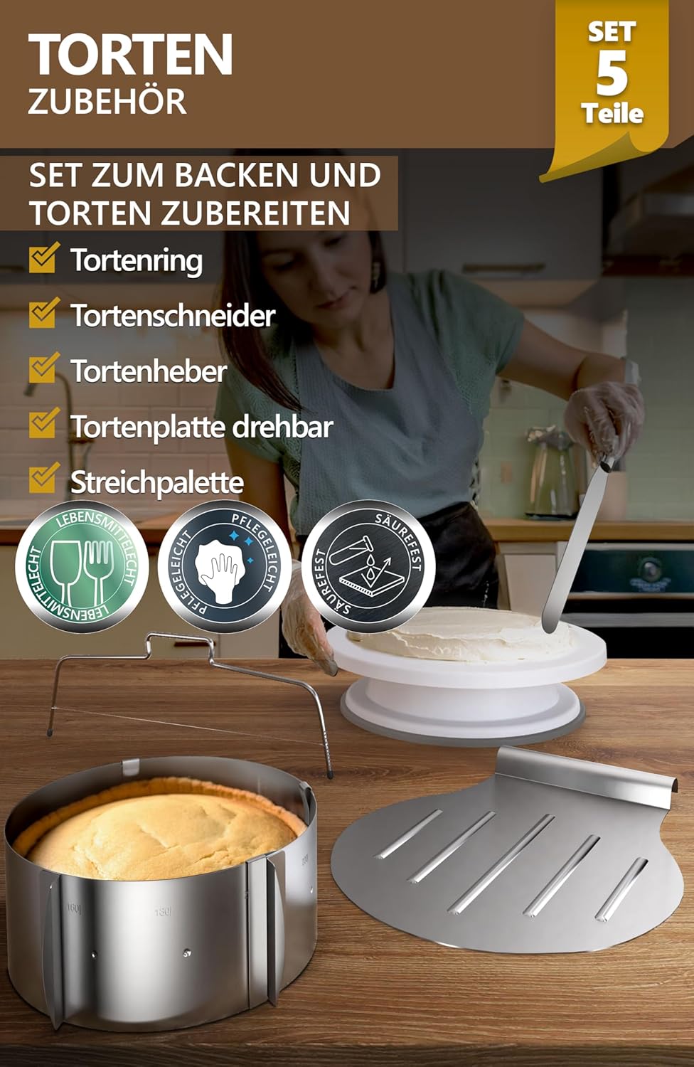 4smile Edelstahl Tortenheber Set, 5 Teile -Tortenheber + Tortenring verstellbar hoch 8,5 cm + Torten