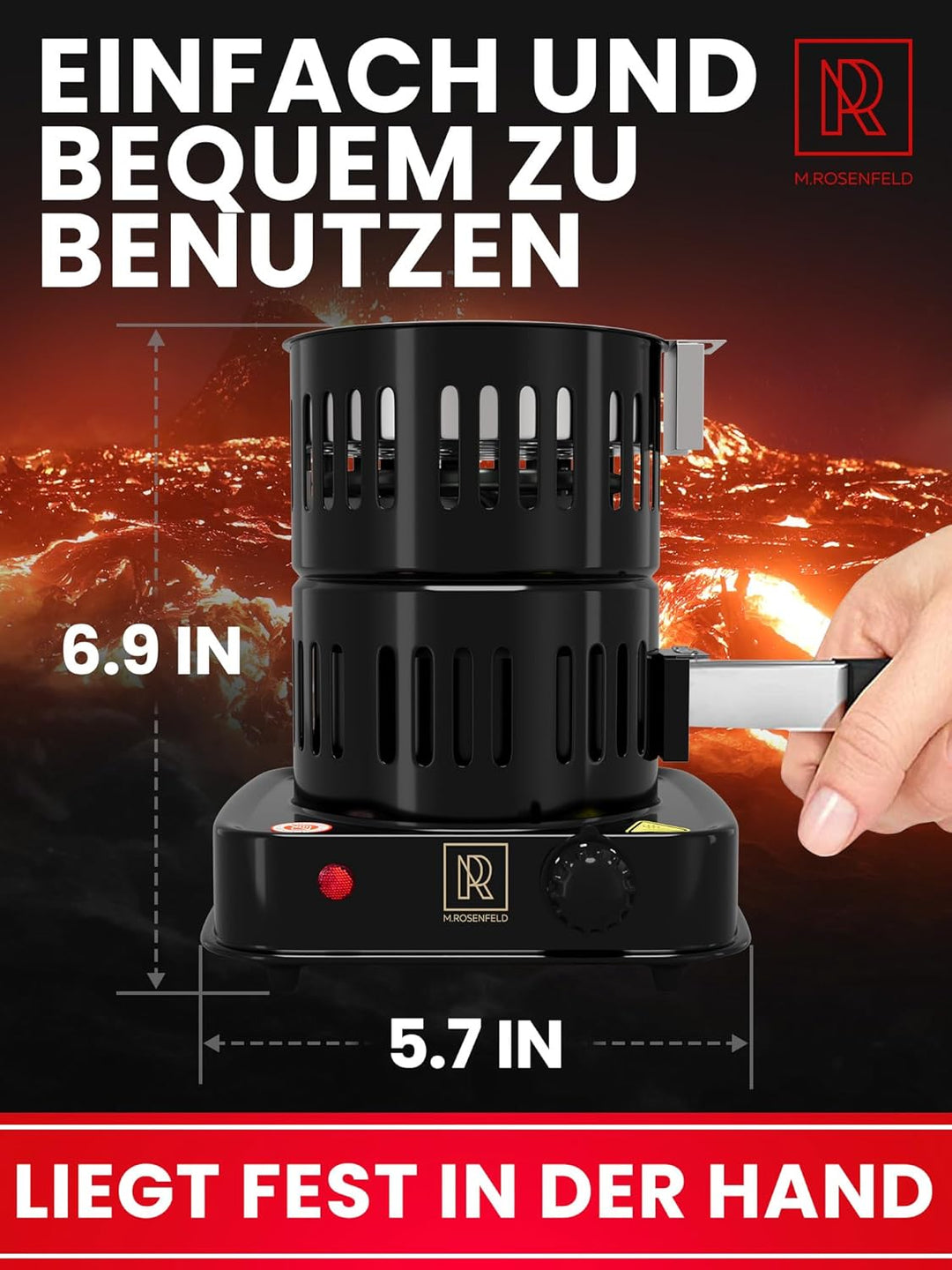 M. ROSENFELD Shisha Kohleanzünder Elektrischer 800W TURBO – Kohlenanzünder mit extra langem 150cm Ka