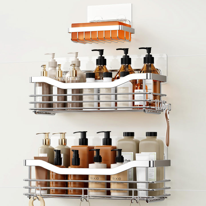 Orimade Duschablage ohne bohren mit Seifenkorb und 5 Haken - Duschregal für die Dusche Badezimmer, K