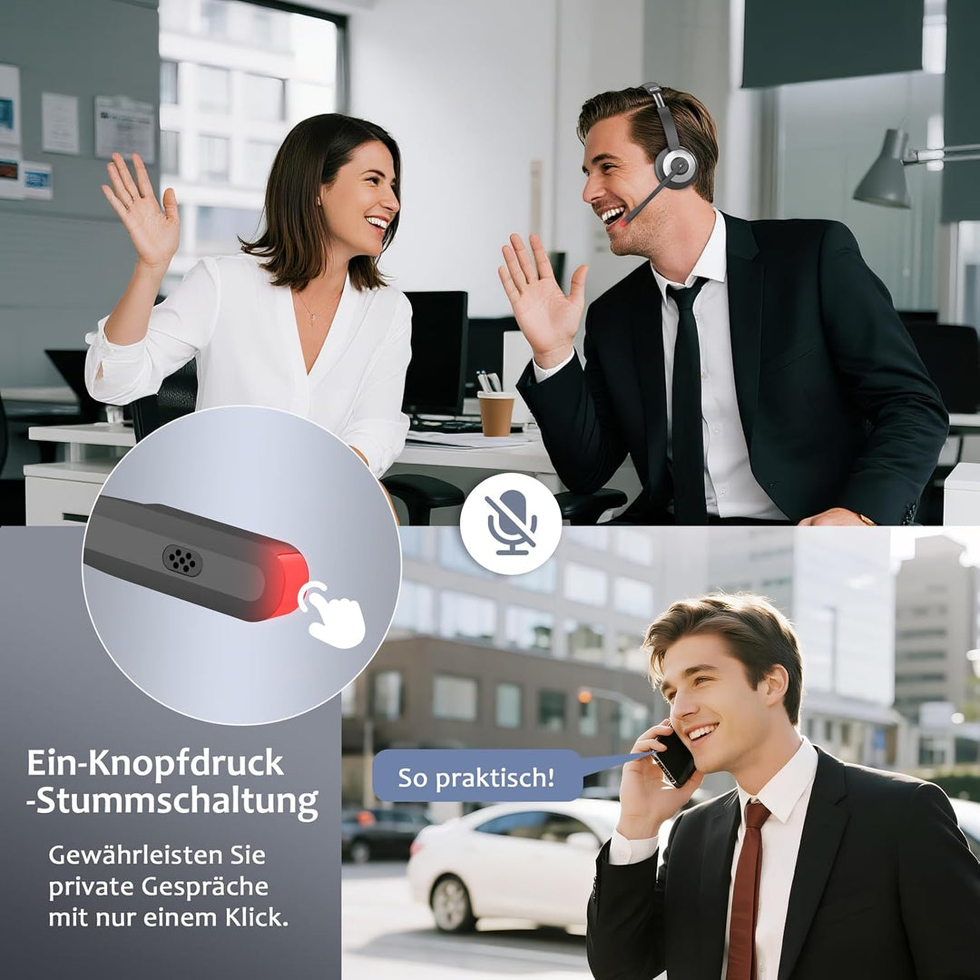 Bluetooth Headset mit Mikrofon, Kabelloses Office Headset mit ENC Mikrofon Black/Grey, Black/Grey