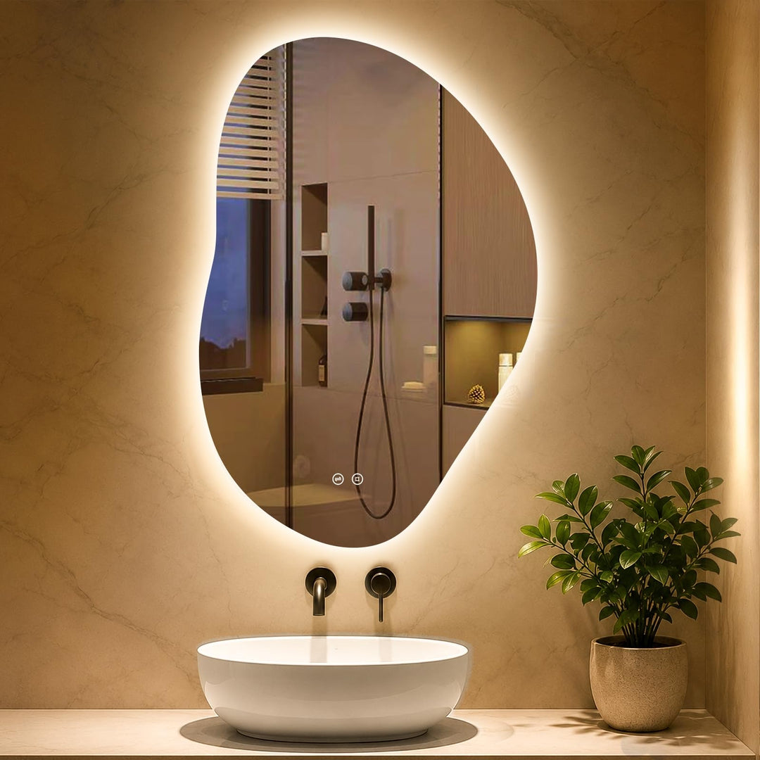 Spiegel mit Beleuchtung Asymmetrischer, LED Badspiegel mit Touch-Schalter, 3 Lichtfarbe, Dimmbar, Ba