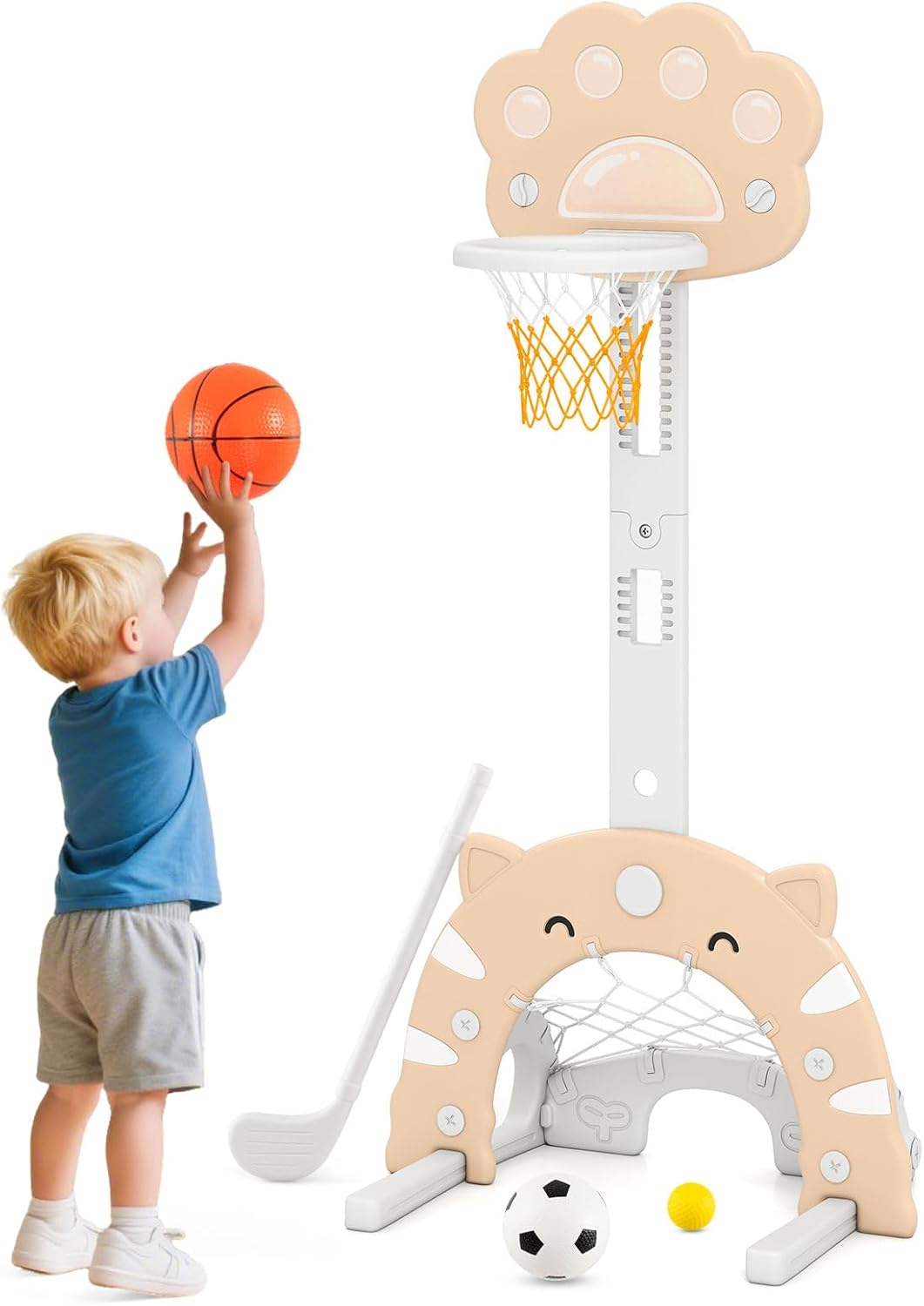 COSTWAY 3 in 1 Kinder Basketballkorb, Basketballständer mit Basketball & Fussball & Golfspiel, Indoo