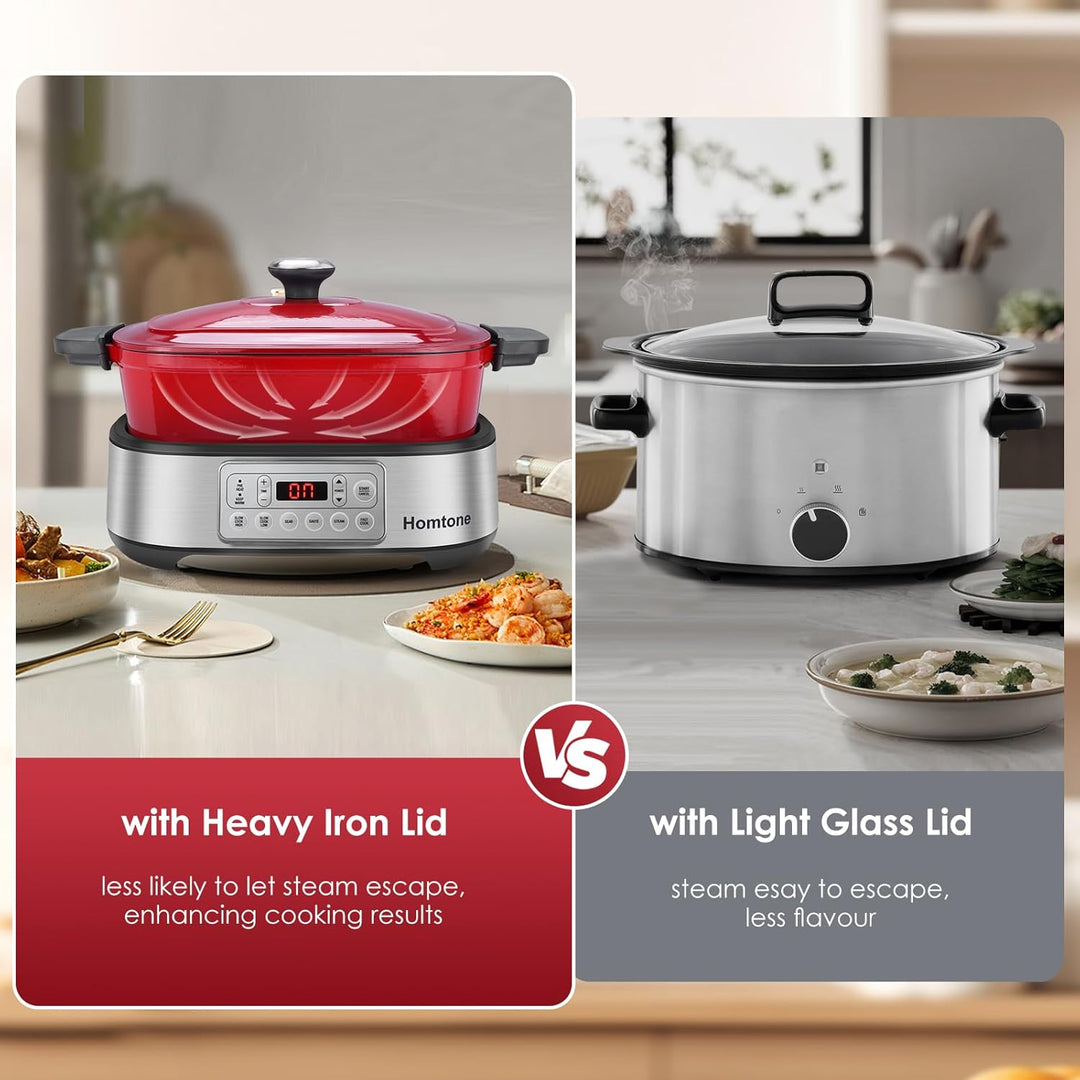Homtone Slow Cooker Schongarer 6-in-1, 5,5L Multikocher Programmierbarer Abnehmbarer Emaille-Schmort