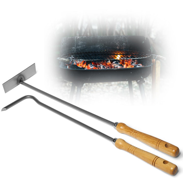 Kaminzubehör Set aus Aschenkratzer Feuerhaken mit Holzgriff Kaminbesteck Schüreisen Schürhaken Glutk